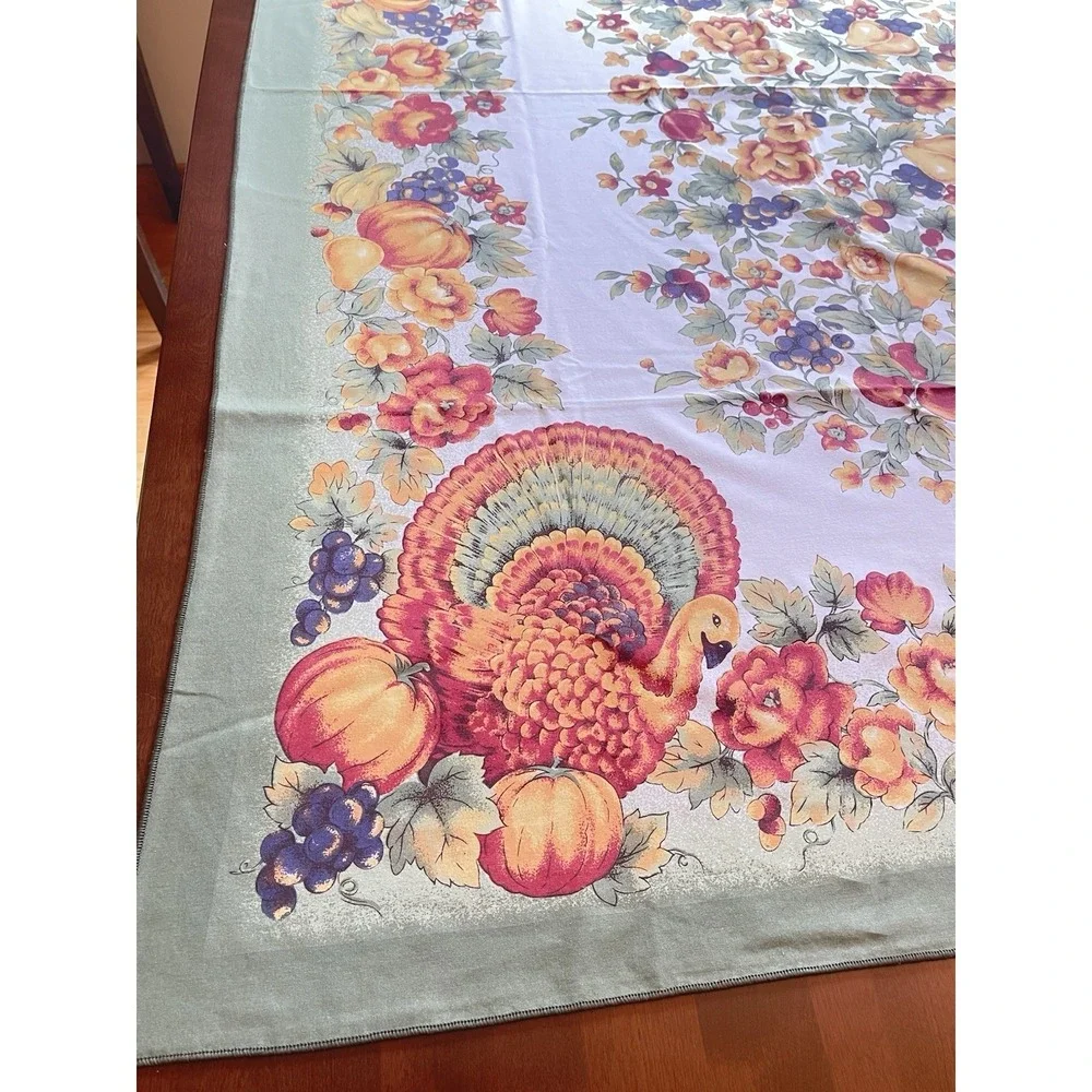 Vintage Thanksgiving Tablecloth Turkey Pumpkins Fruit Harvest Printed 81x59
